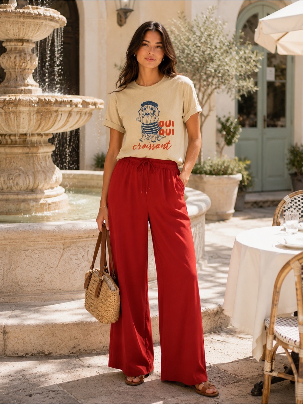 Oui Oui Croissant Graphic Tee French Dog Cotton Tshirt Parisian Chic Multi Sizes